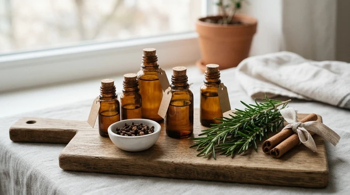 Amber essential oil bottles, cloves, rosemary, and cinnamon on a wooden board in soft natural light.