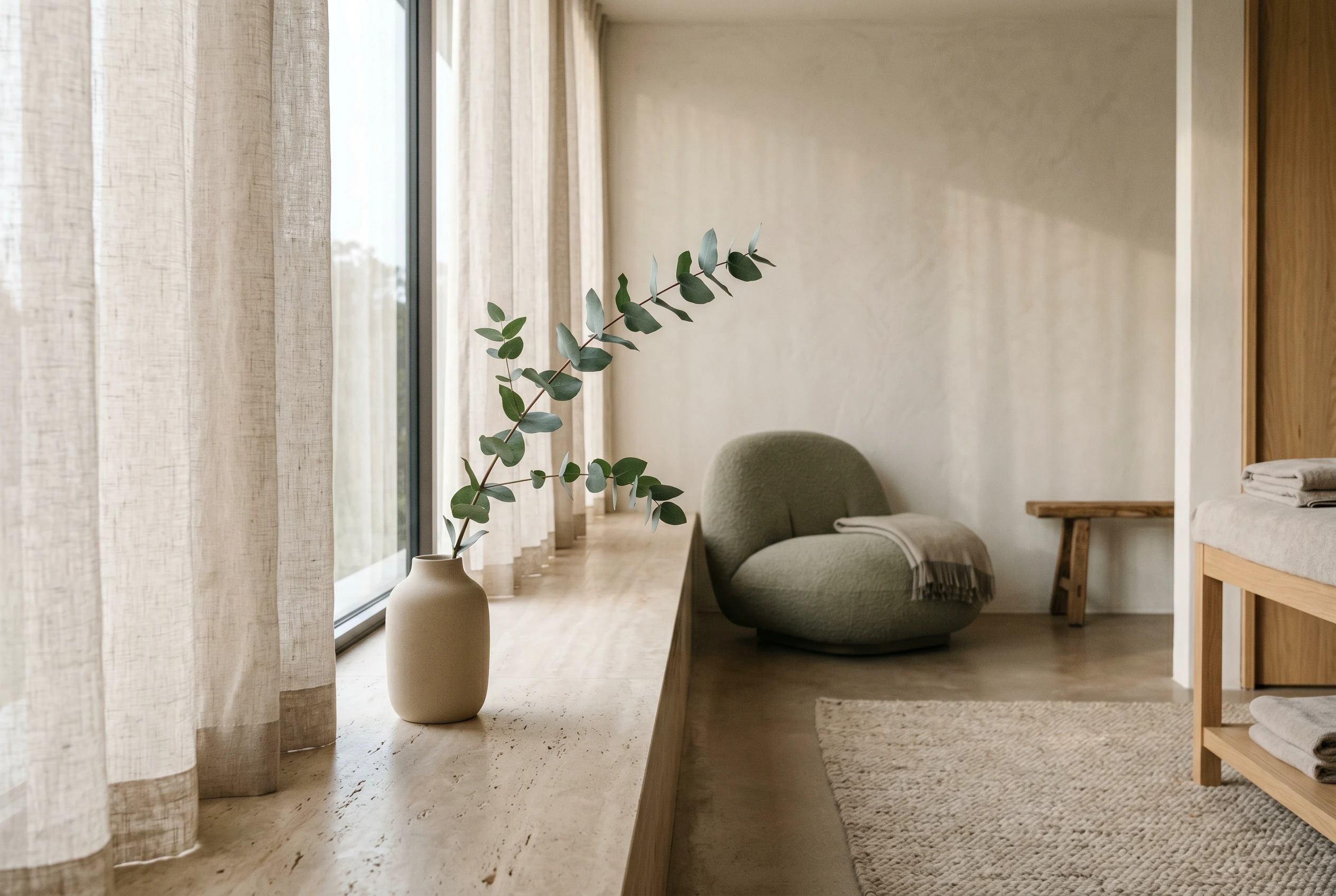 Calm spa interior with eucalyptus on travertine