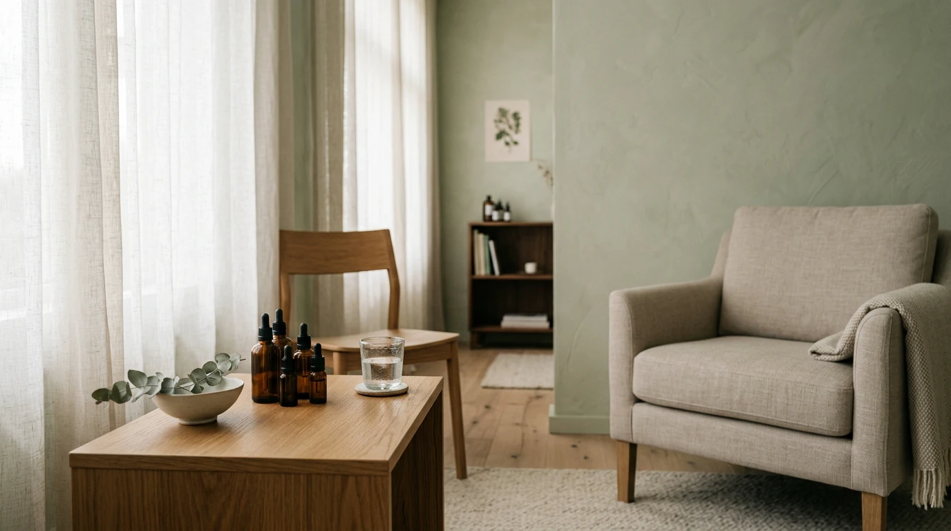 Calm consultation room with sage-green walls and natural light