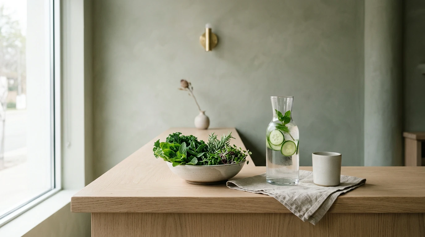 Minimalist wellness counter with fresh greens and natural light