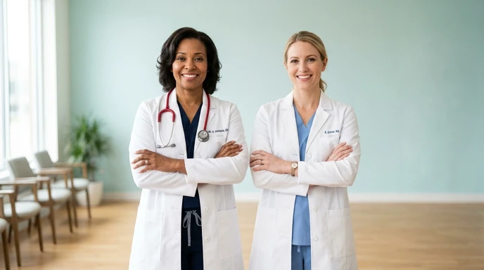 Two clinicians in white coats with a stethoscope in a bright, welcoming clinic.